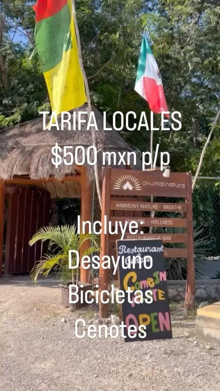 Tarifa Especial ✨ Reserva ahora y vive la experiencia Akumal Natura

Noche $500 mxn por persona en habitación doble 
☕️ Desayuno 
🚲 Bicicletas 
💦 Cenotes